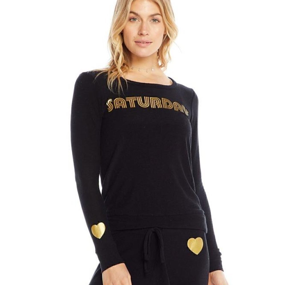 Chaser Golden Saturday Graphic Print Cozy Knit Pullover Sweatshirt NWT XS